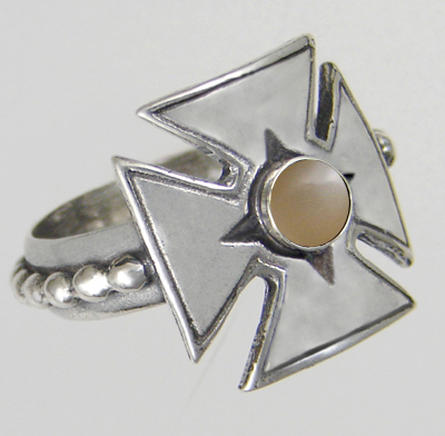 Sterling Silver Woman's Iron Cross Ring With Peach Moonstone and Size 6